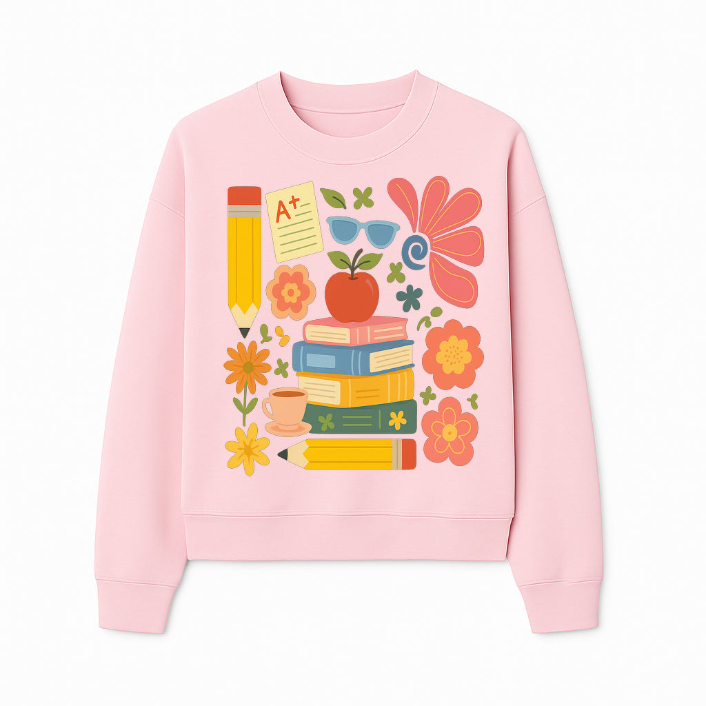 Back to School Art Print - Colorful Books, Apple, Pencils, Flowers, A+ Note - Classroom Decor, Study Zone, Education Gift - Sweatshirt 1758093367107.jpg