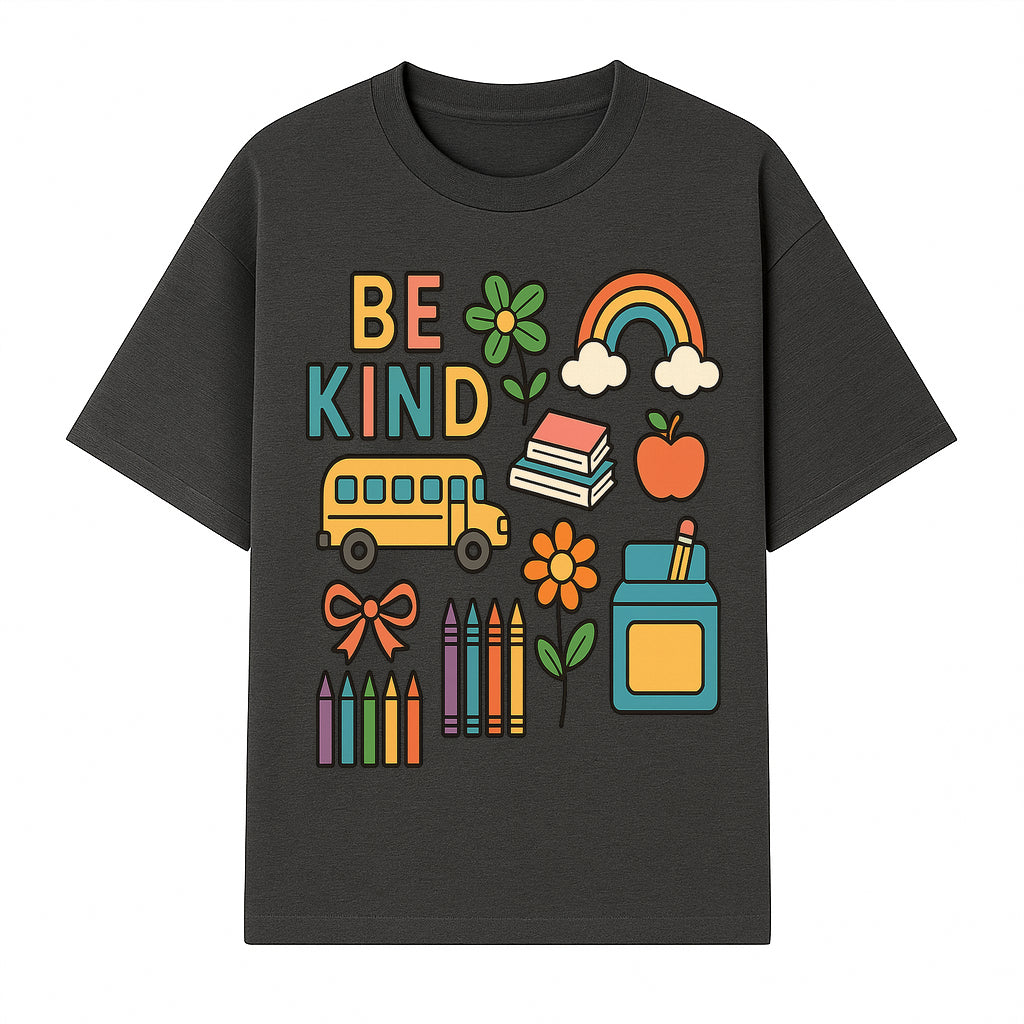 Be Kind Back to School Art Print with Rainbow, Flower, Bus, Crayons, Books, Apple - Classroom Decor for Kids - T-shirt 1758093367259.jpg