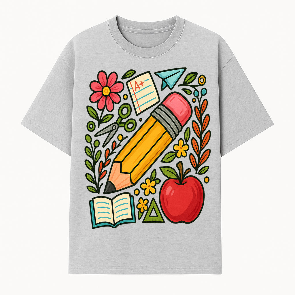 Colorful School Supplies Illustration Pencil, Apple, Flowers, Book and A+ Note Cute Educational Art Print for Classroom Decor - T-shirt 1758093367259.jpg