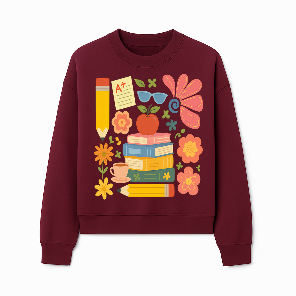 Back to School Art Print - Colorful Books, Apple, Pencils, Flowers, A+ Note - Classroom Decor, Study Zone, Education Gift - Sweatshirt 1758093367274.jpg