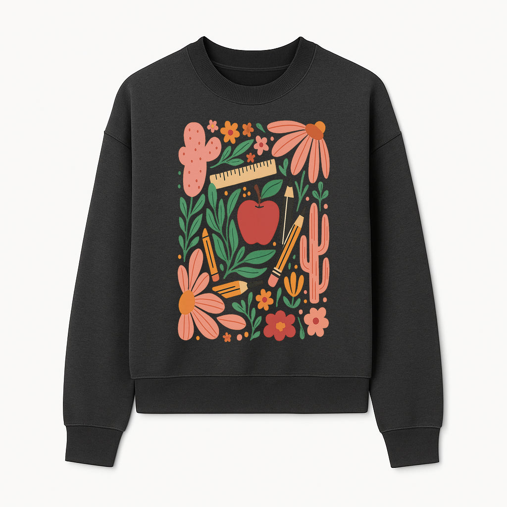 Back to School Art Print, Colorful Classroom Decor, Floral and Cactus Design, Apple, Pencils and Flowers, Nursery Wall Art - Sweatshirt 1758093367438.jpg