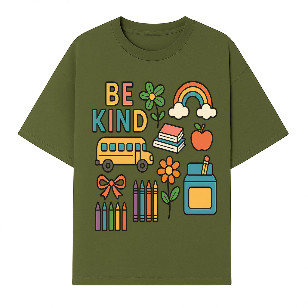 Be Kind Back to School Art Print with Rainbow, Flower, Bus, Crayons, Books, Apple - Classroom Decor for Kids - T-shirt 1758093367455.jpg
