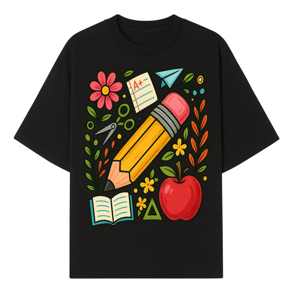 Colorful School Supplies Illustration Pencil, Apple, Flowers, Book and A+ Note Cute Educational Art Print for Classroom Decor - T-shirt 1758093367464.jpg