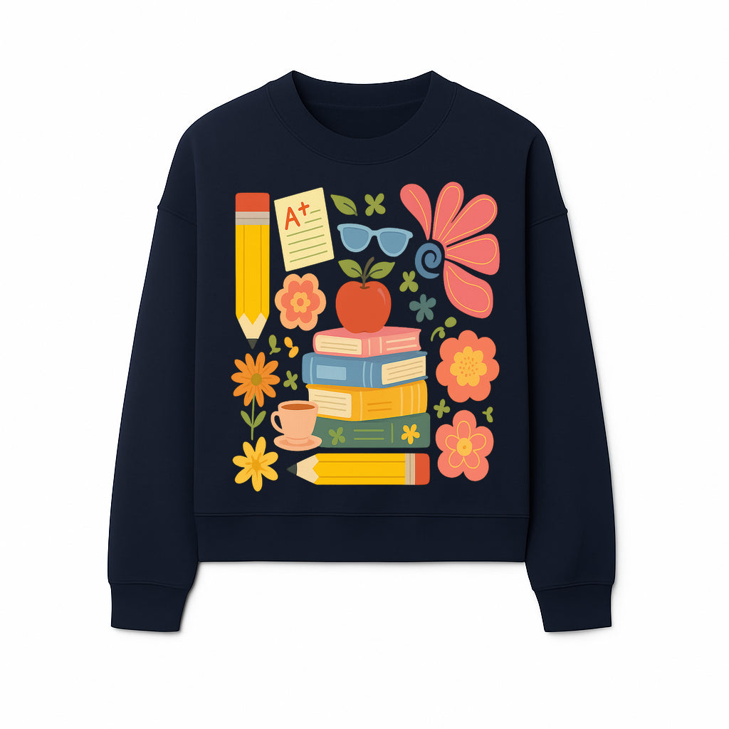Back to School Art Print - Colorful Books, Apple, Pencils, Flowers, A+ Note - Classroom Decor, Study Zone, Education Gift - Sweatshirt 1758093367496.jpg