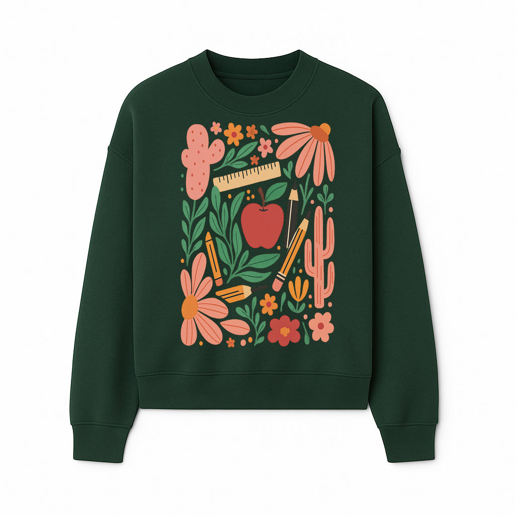 Back to School Art Print, Colorful Classroom Decor, Floral and Cactus Design, Apple, Pencils and Flowers, Nursery Wall Art - Sweatshirt 1758093367598.jpg