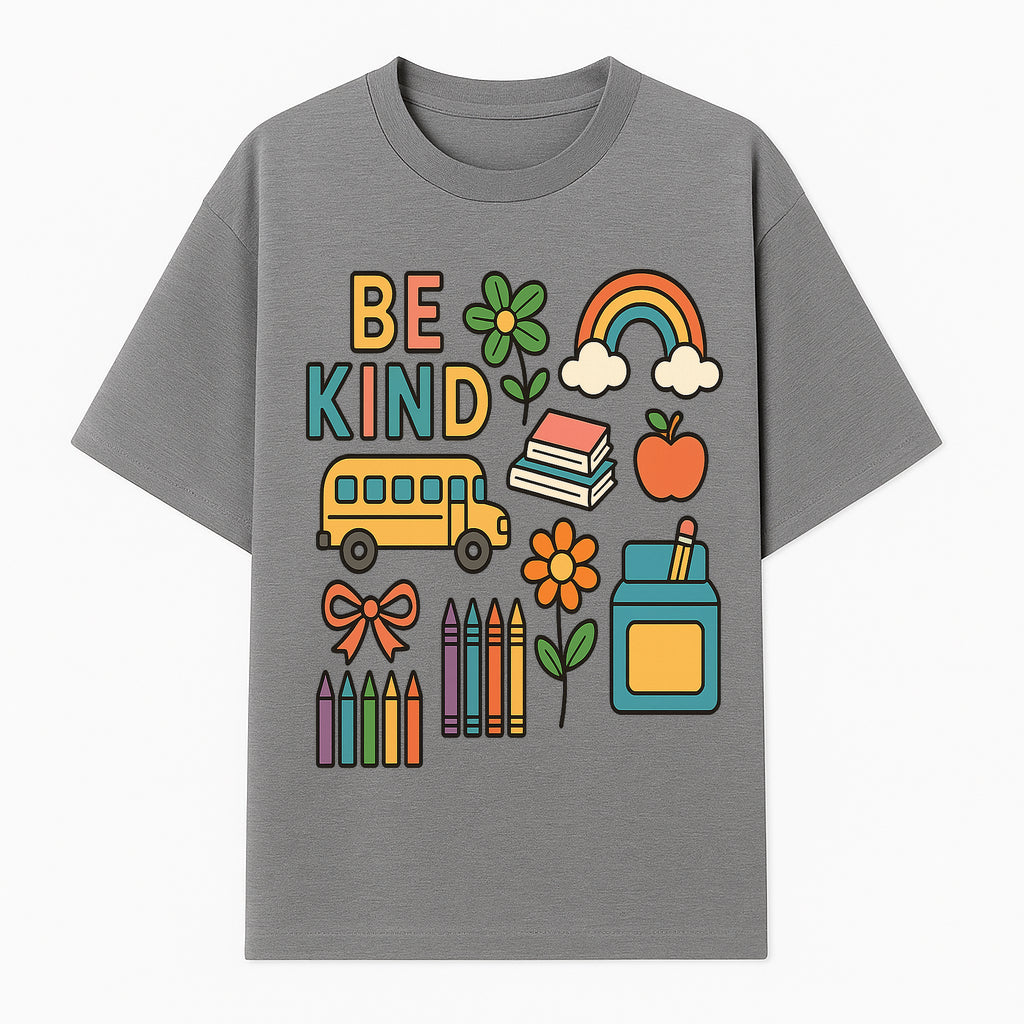 Be Kind Back to School Art Print with Rainbow, Flower, Bus, Crayons, Books, Apple - Classroom Decor for Kids - T-shirt 1758093367605.jpg