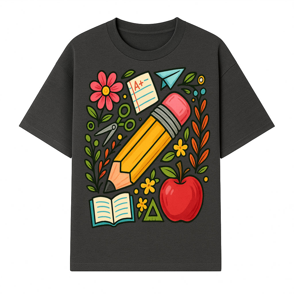 Colorful School Supplies Illustration Pencil, Apple, Flowers, Book and A+ Note Cute Educational Art Print for Classroom Decor - T-shirt 1758093367639.jpg
