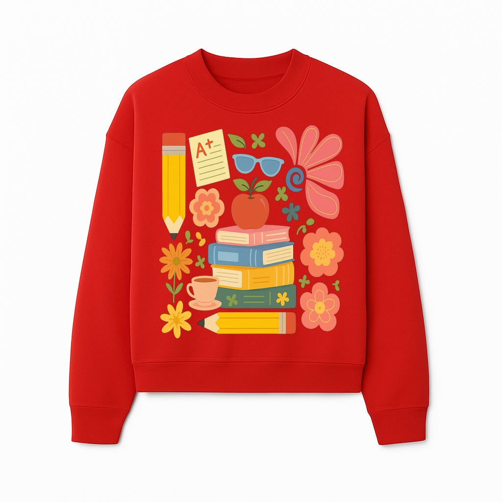 Back to School Art Print - Colorful Books, Apple, Pencils, Flowers, A+ Note - Classroom Decor, Study Zone, Education Gift - Sweatshirt 1758093367663.jpg