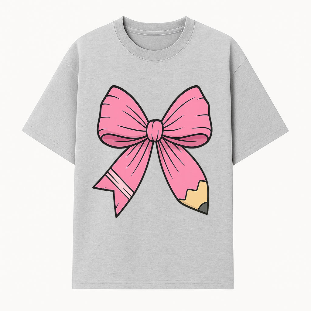 Pink Bow with Pencil Design, Cute Stationery Decor, Gift for Teachers, School Supplies, Arts and Crafts, Kawaii Aesthetic Accessories - T-shirt 1758093367674.jpg