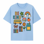 Be Kind Back to School Art Print with Rainbow, Flower, Bus, Crayons, Books, Apple - Classroom Decor for Kids - T-shirt 1758093367794.jpg
