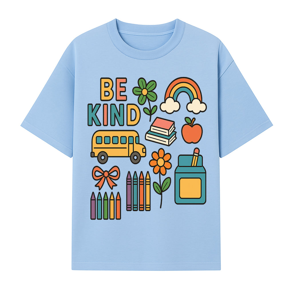 Be Kind Back to School Art Print with Rainbow, Flower, Bus, Crayons, Books, Apple - Classroom Decor for Kids - T-shirt 1758093367794.jpg