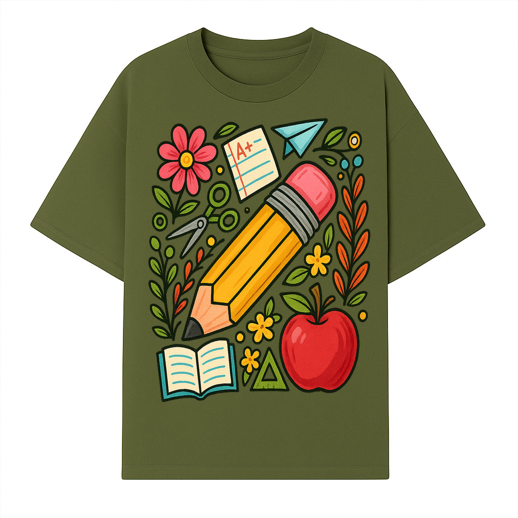 Colorful School Supplies Illustration Pencil, Apple, Flowers, Book and A+ Note Cute Educational Art Print for Classroom Decor - T-shirt 1758093367806.jpg
