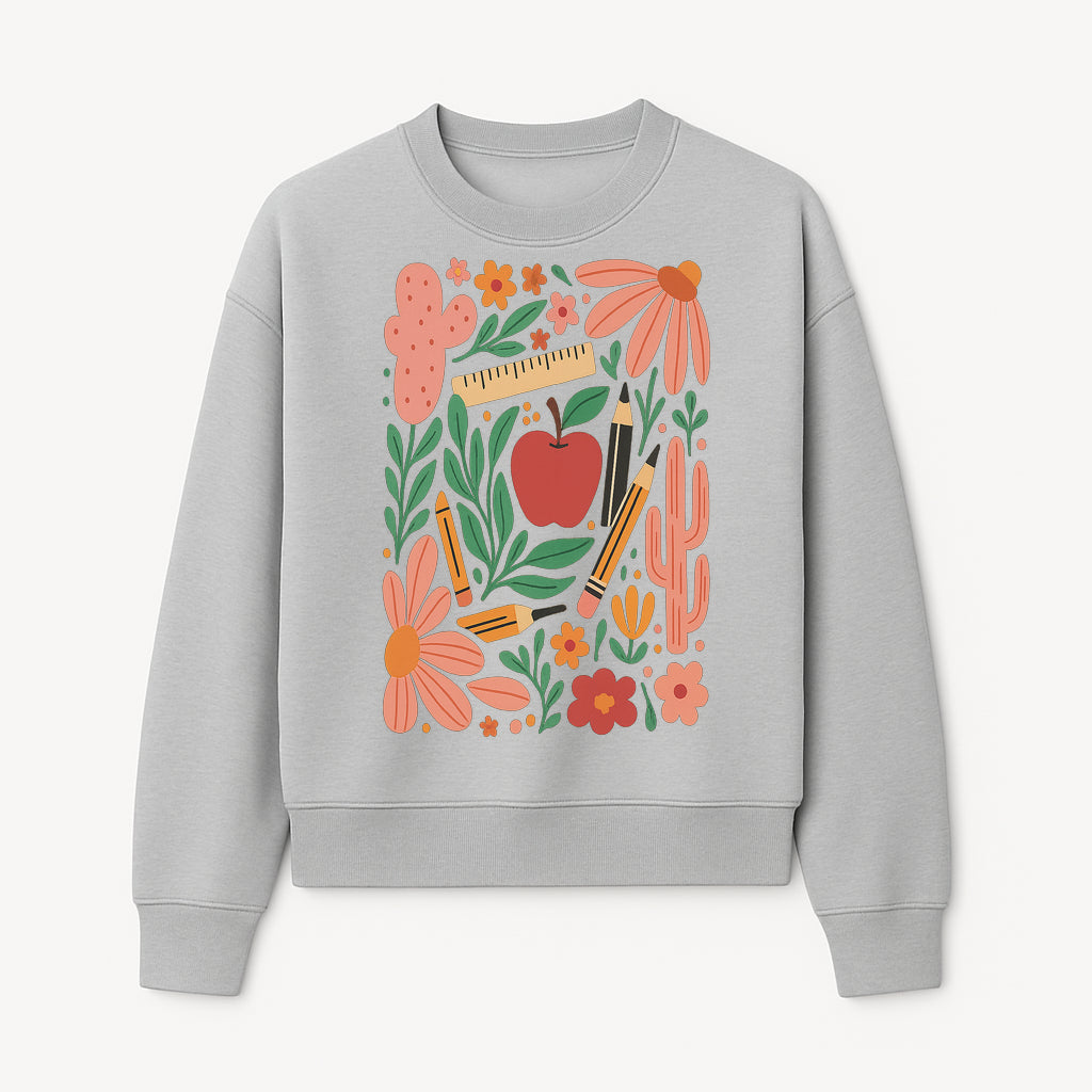 Back to School Art Print, Colorful Classroom Decor, Floral and Cactus Design, Apple, Pencils and Flowers, Nursery Wall Art - Sweatshirt 1758093367810.jpg