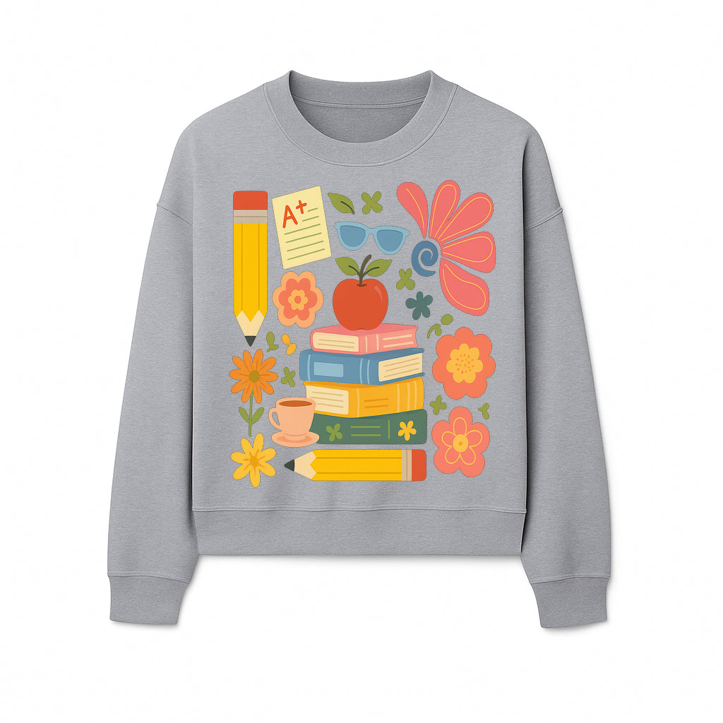 Back to School Art Print - Colorful Books, Apple, Pencils, Flowers, A+ Note - Classroom Decor, Study Zone, Education Gift - Sweatshirt 1758093367822.jpg