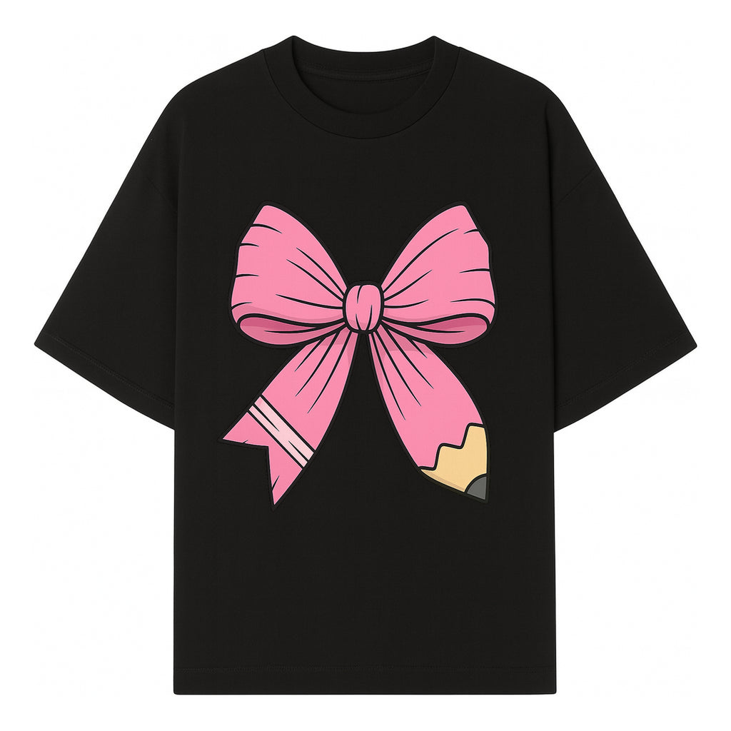 Pink Bow with Pencil Design, Cute Stationery Decor, Gift for Teachers, School Supplies, Arts and Crafts, Kawaii Aesthetic Accessories - T-shirt 1758093367921.jpg