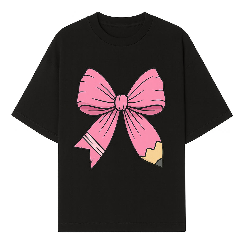 Pink Bow with Pencil Design, Cute Stationery Decor, Gift for Teachers, School Supplies, Arts and Crafts, Kawaii Aesthetic Accessories - T-shirt 1758093367921.jpg