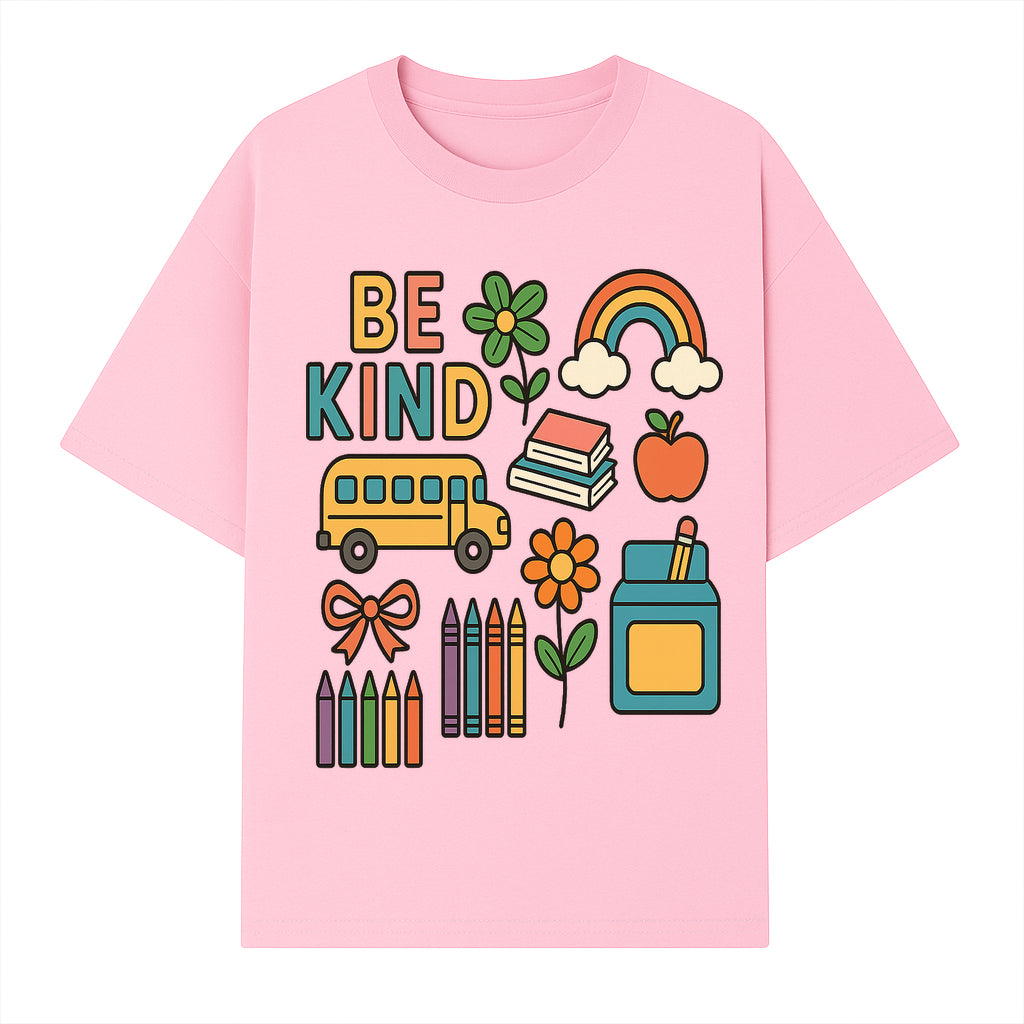 Be Kind Back to School Art Print with Rainbow, Flower, Bus, Crayons, Books, Apple - Classroom Decor for Kids - T-shirt 1758093367975.jpg