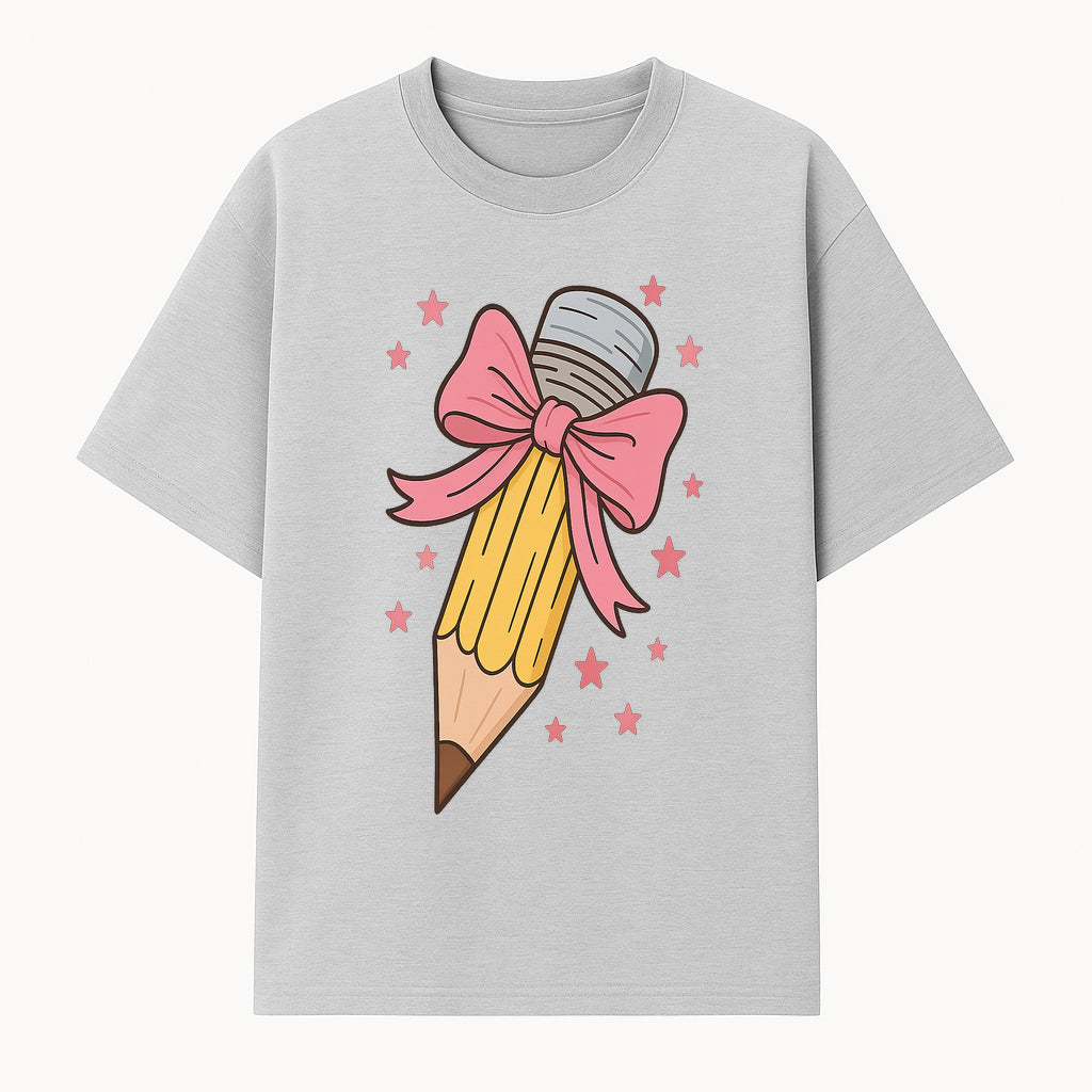Cute Pencil with Pink Bow and Stars - Kawaii Art Print, Stationery Decor, Classroom Wall Art, Gift for Students or Teachers - T-shirt 1758093368029.jpg