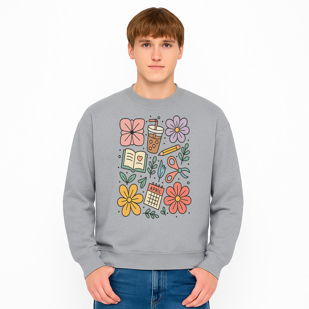Colorful Spring Doodles Print - Flowers, Book, Scissors, Calendar - April Theme - Cute Stationery Decor - Wall Art for Home or Office - Sweatshirt 1758093368063.jpg
