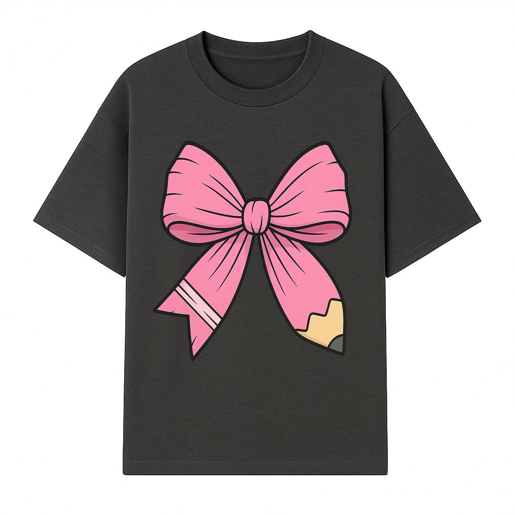 Pink Bow with Pencil Design, Cute Stationery Decor, Gift for Teachers, School Supplies, Arts and Crafts, Kawaii Aesthetic Accessories - T-shirt 1758093368100.jpg