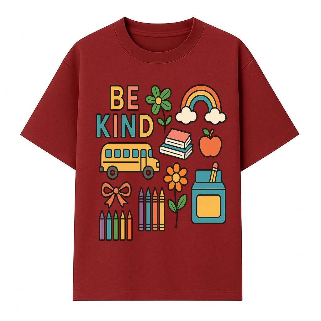 Be Kind Back to School Art Print with Rainbow, Flower, Bus, Crayons, Books, Apple - Classroom Decor for Kids - T-shirt 1758093368137.jpg