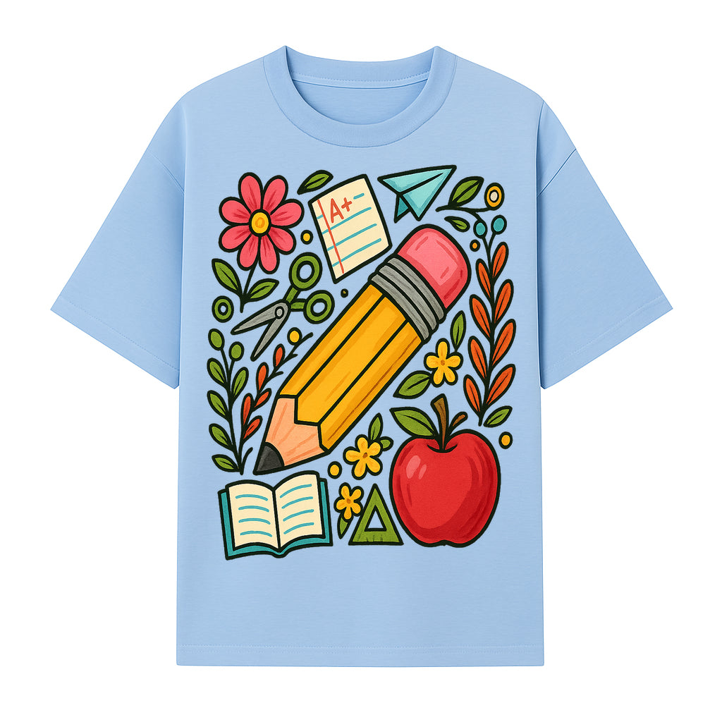 Colorful School Supplies Illustration Pencil, Apple, Flowers, Book and A+ Note Cute Educational Art Print for Classroom Decor - T-shirt 1758093368150.jpg