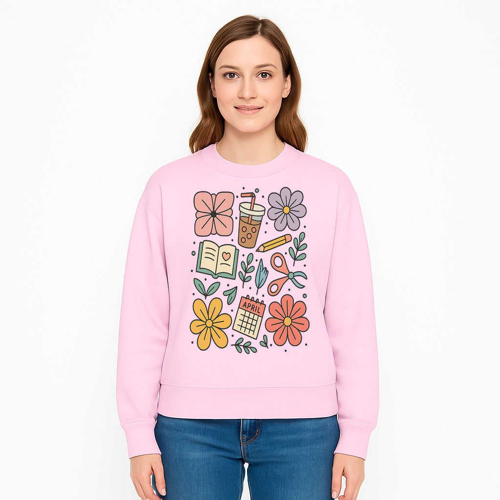 Colorful Spring Doodles Print - Flowers, Book, Scissors, Calendar - April Theme - Cute Stationery Decor - Wall Art for Home or Office - Sweatshirt 1758093368268.jpg