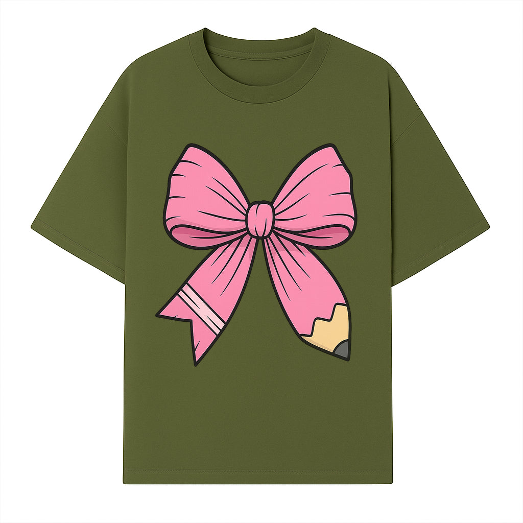 Pink Bow with Pencil Design, Cute Stationery Decor, Gift for Teachers, School Supplies, Arts and Crafts, Kawaii Aesthetic Accessories - T-shirt 1758093368284.jpg