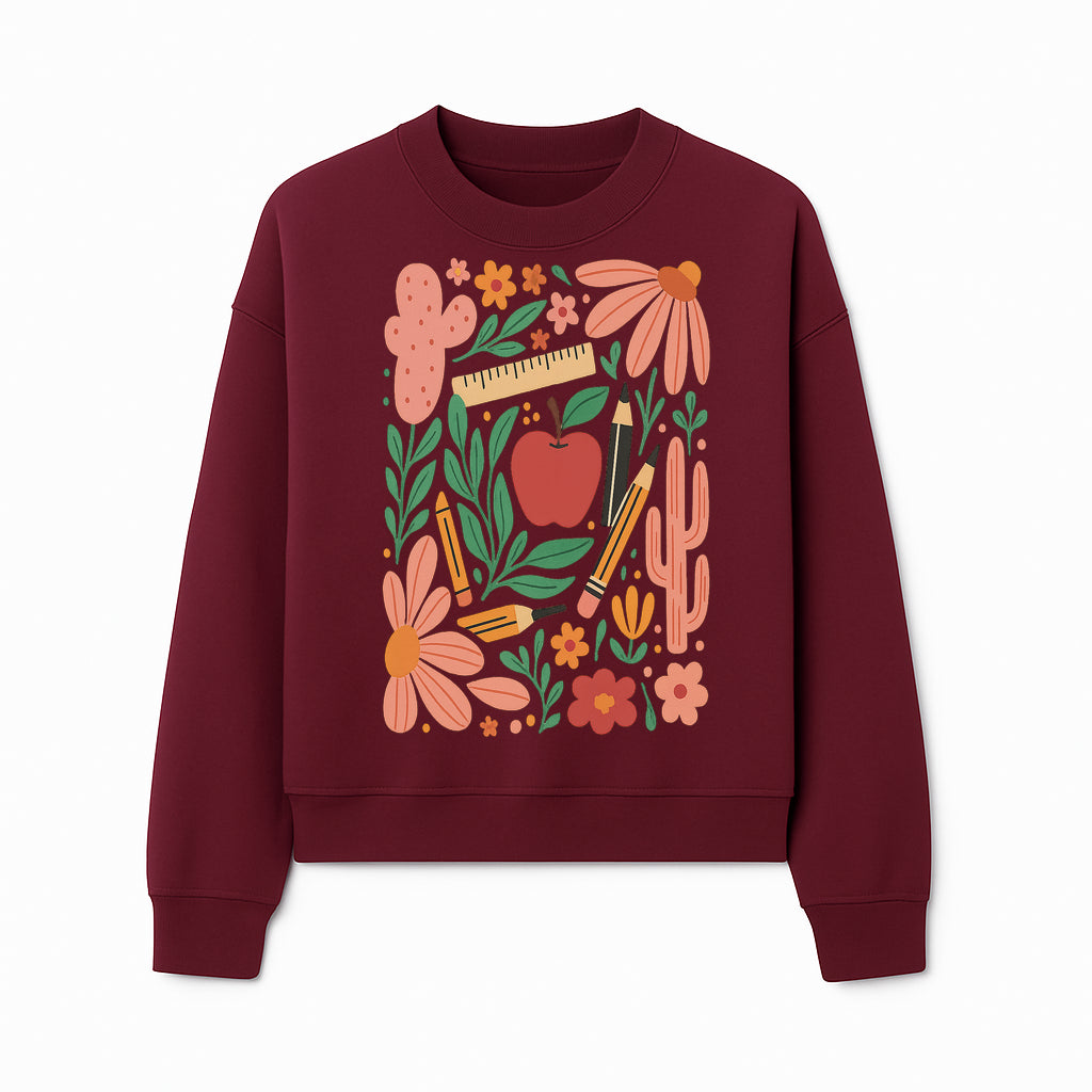 Back to School Art Print, Colorful Classroom Decor, Floral and Cactus Design, Apple, Pencils and Flowers, Nursery Wall Art - Sweatshirt 1758093368289.jpg