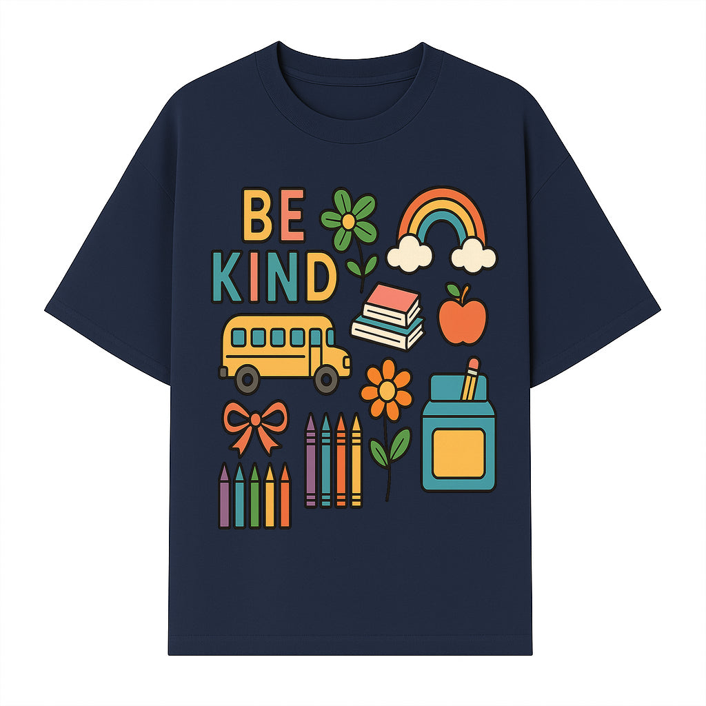 Be Kind Back to School Art Print with Rainbow, Flower, Bus, Crayons, Books, Apple - Classroom Decor for Kids - T-shirt 1758093368294.jpg