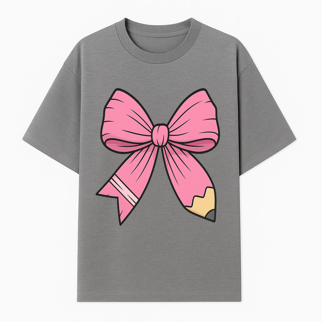 Pink Bow with Pencil Design, Cute Stationery Decor, Gift for Teachers, School Supplies, Arts and Crafts, Kawaii Aesthetic Accessories - T-shirt 1758093368439.jpg