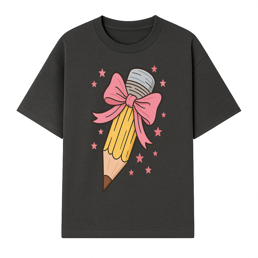 Cute Pencil with Pink Bow and Stars - Kawaii Art Print, Stationery Decor, Classroom Wall Art, Gift for Students or Teachers - T-shirt 1758093368451.jpg