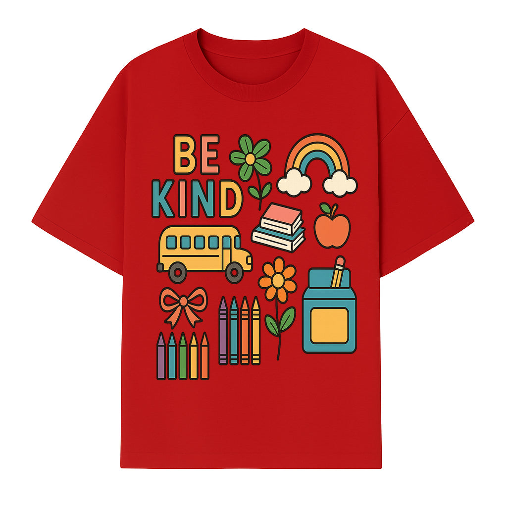 Be Kind Back to School Art Print with Rainbow, Flower, Bus, Crayons, Books, Apple - Classroom Decor for Kids - T-shirt 1758093368479.jpg