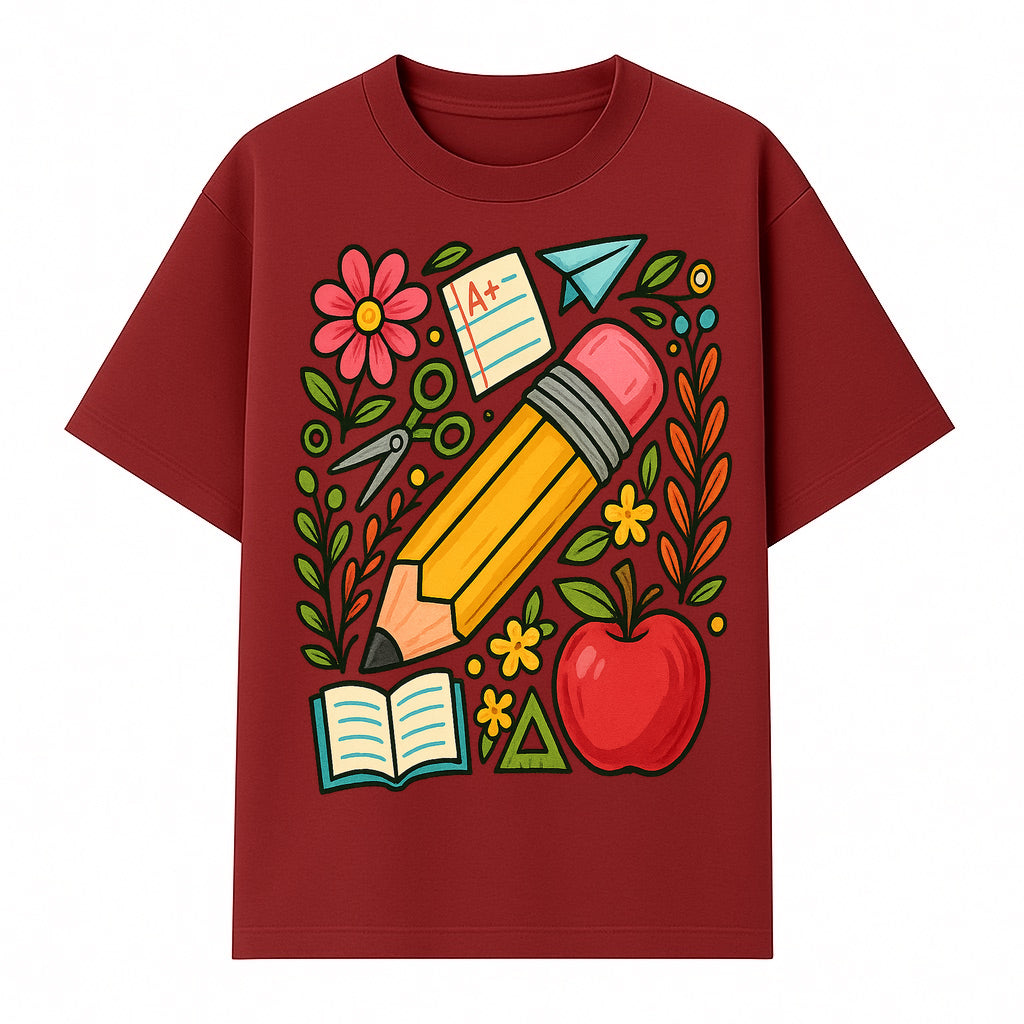 Colorful School Supplies Illustration Pencil, Apple, Flowers, Book and A+ Note Cute Educational Art Print for Classroom Decor - T-shirt 1758093368523.jpg