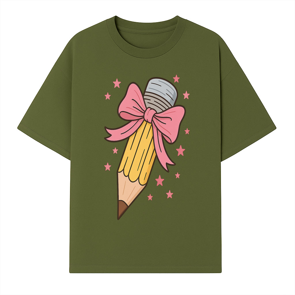 Cute Pencil with Pink Bow and Stars - Kawaii Art Print, Stationery Decor, Classroom Wall Art, Gift for Students or Teachers - T-shirt 1758093368592.jpg