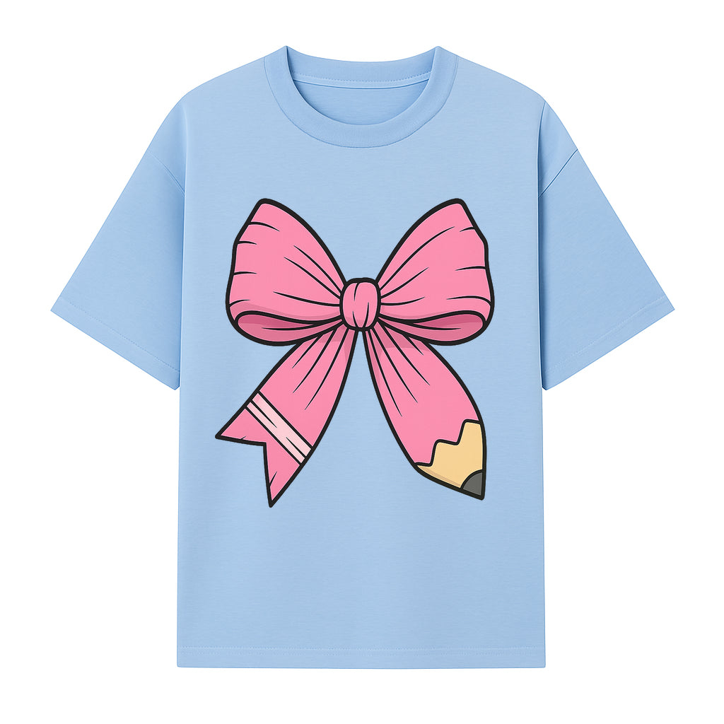 Pink Bow with Pencil Design, Cute Stationery Decor, Gift for Teachers, School Supplies, Arts and Crafts, Kawaii Aesthetic Accessories - T-shirt 1758093368617.jpg