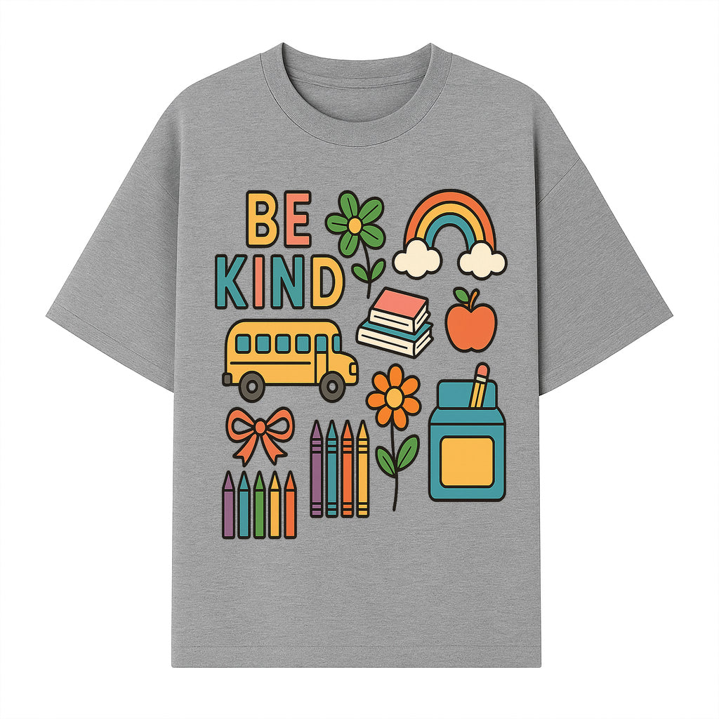Be Kind Back to School Art Print with Rainbow, Flower, Bus, Crayons, Books, Apple - Classroom Decor for Kids - T-shirt 1758093368624.jpg