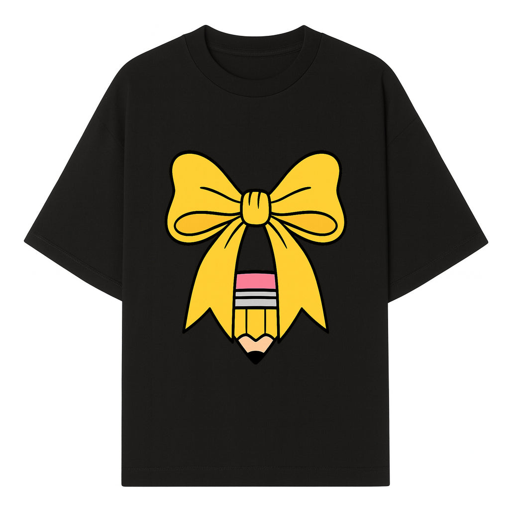 Yellow Bow and Pencil Graphic Art Print, Cute Back to School Decor, Creative Classroom Wall Art, Kids Room Decoration - T-shirt 1758093368714.jpg