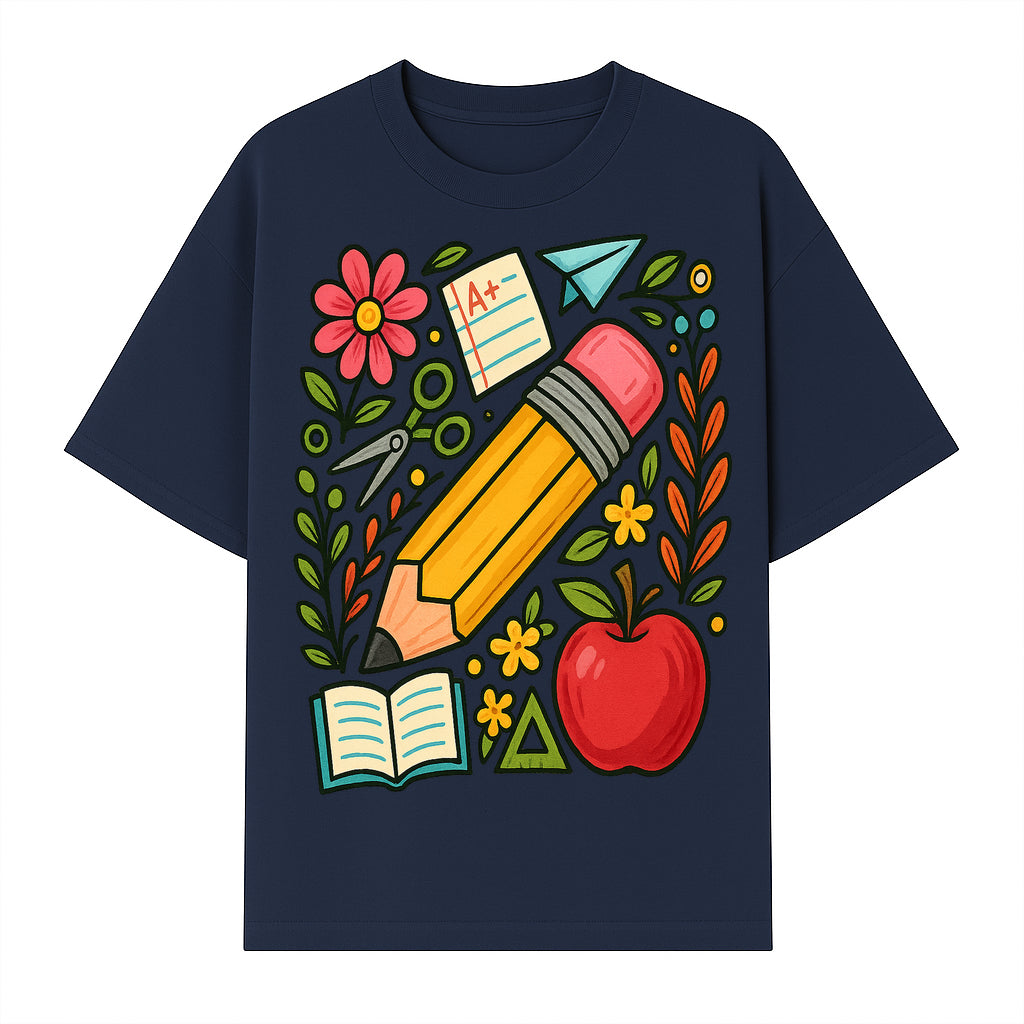 Colorful School Supplies Illustration Pencil, Apple, Flowers, Book and A+ Note Cute Educational Art Print for Classroom Decor - T-shirt 1758093368731.jpg