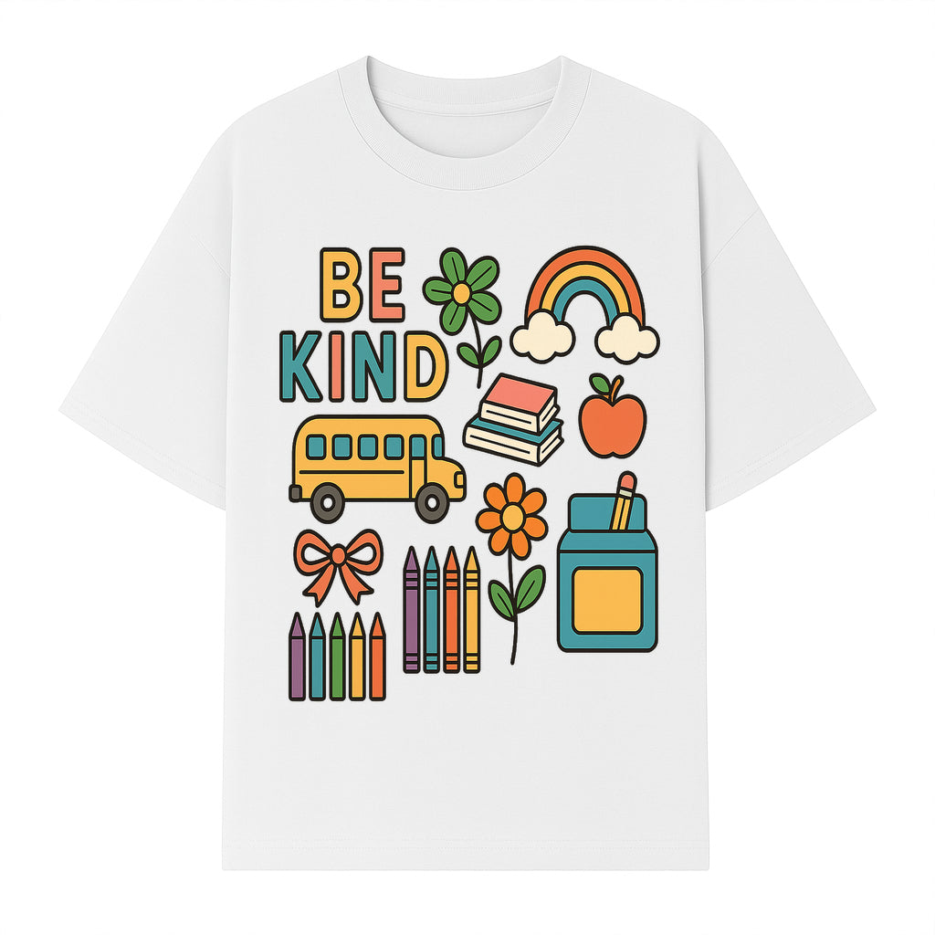 Be Kind Back to School Art Print with Rainbow, Flower, Bus, Crayons, Books, Apple - Classroom Decor for Kids - T-shirt 1758093368805.jpg