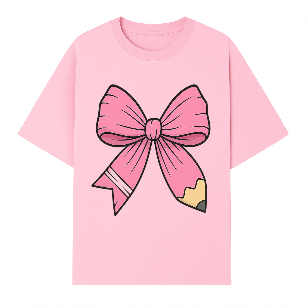 Pink Bow with Pencil Design, Cute Stationery Decor, Gift for Teachers, School Supplies, Arts and Crafts, Kawaii Aesthetic Accessories - T-shirt 1758093368811.jpg