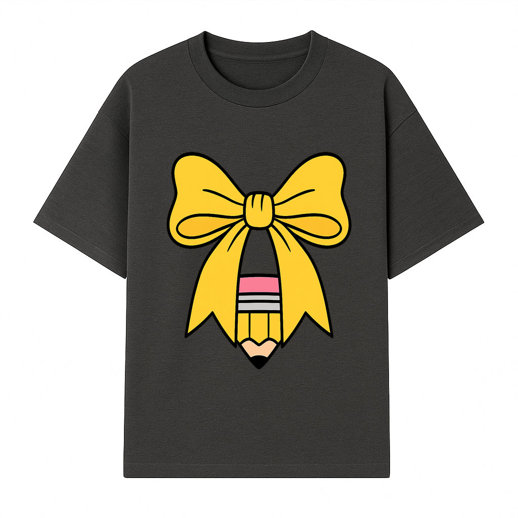 Yellow Bow and Pencil Graphic Art Print, Cute Back to School Decor, Creative Classroom Wall Art, Kids Room Decoration - T-shirt 1758093368871.jpg