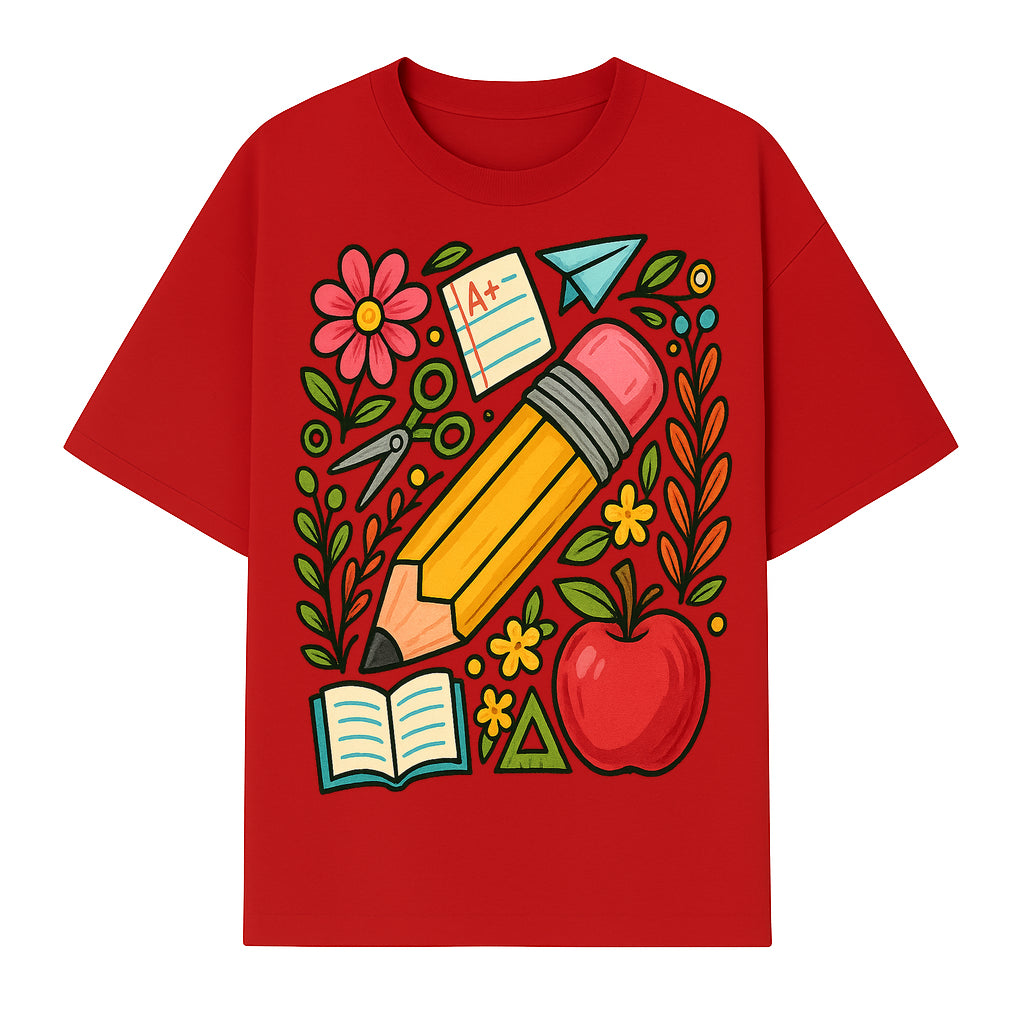 Colorful School Supplies Illustration Pencil, Apple, Flowers, Book and A+ Note Cute Educational Art Print for Classroom Decor - T-shirt 1758093368927.jpg