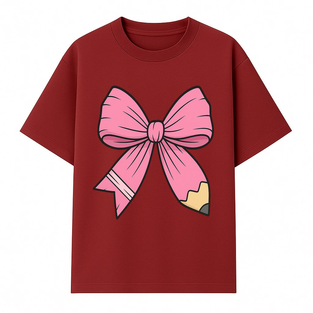 Pink Bow with Pencil Design, Cute Stationery Decor, Gift for Teachers, School Supplies, Arts and Crafts, Kawaii Aesthetic Accessories - T-shirt 1758093368951.jpg
