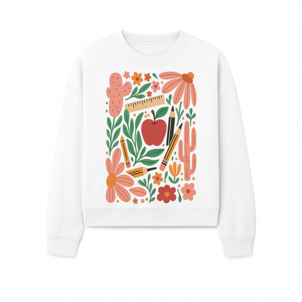 Back to School Art Print, Colorful Classroom Decor, Floral and Cactus Design, Apple, Pencils and Flowers, Nursery Wall Art - Sweatshirt 1758093369014.jpg
