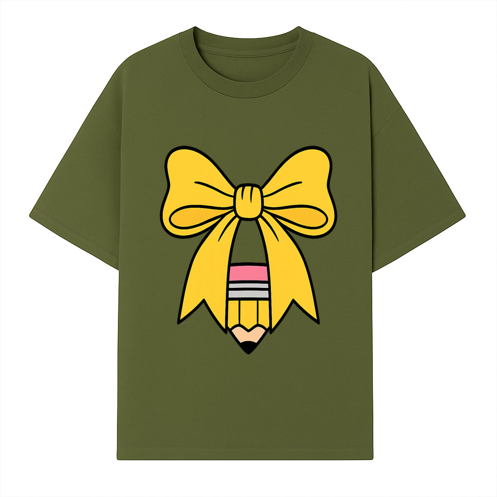 Yellow Bow and Pencil Graphic Art Print, Cute Back to School Decor, Creative Classroom Wall Art, Kids Room Decoration - T-shirt 1758093369066.jpg