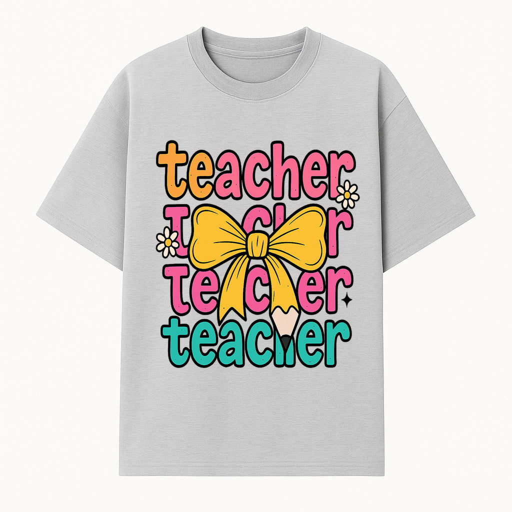 Colorful Teacher Graphic Tee with Pencil and Bow | Cute Teacher Appreciation Gift for Students or Educators - T-shirt 1758093369077.jpg