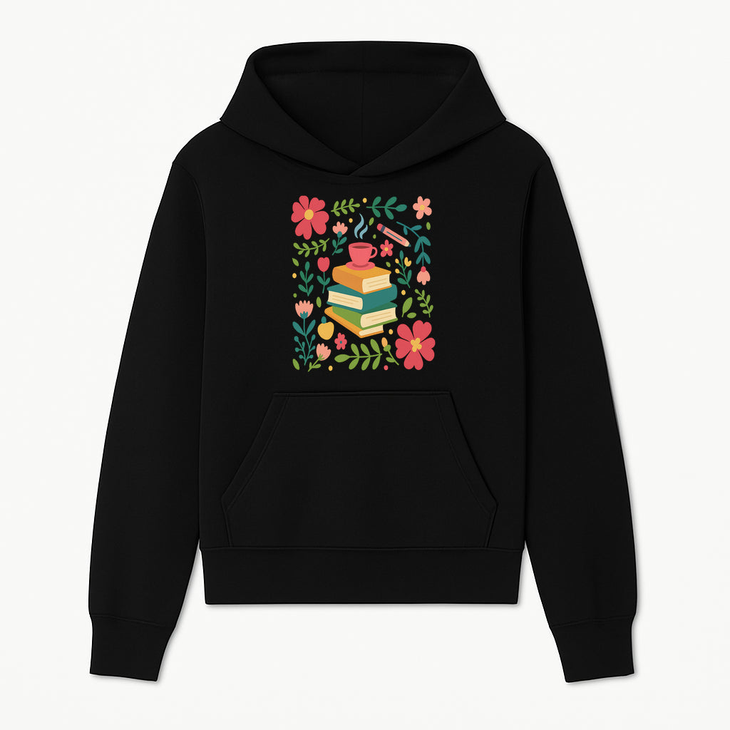 Whimsical Book Stack with Coffee and Flowers Art Print - Cozy Reading Decor for Home or Office - Hoodie 1758093369080.jpg