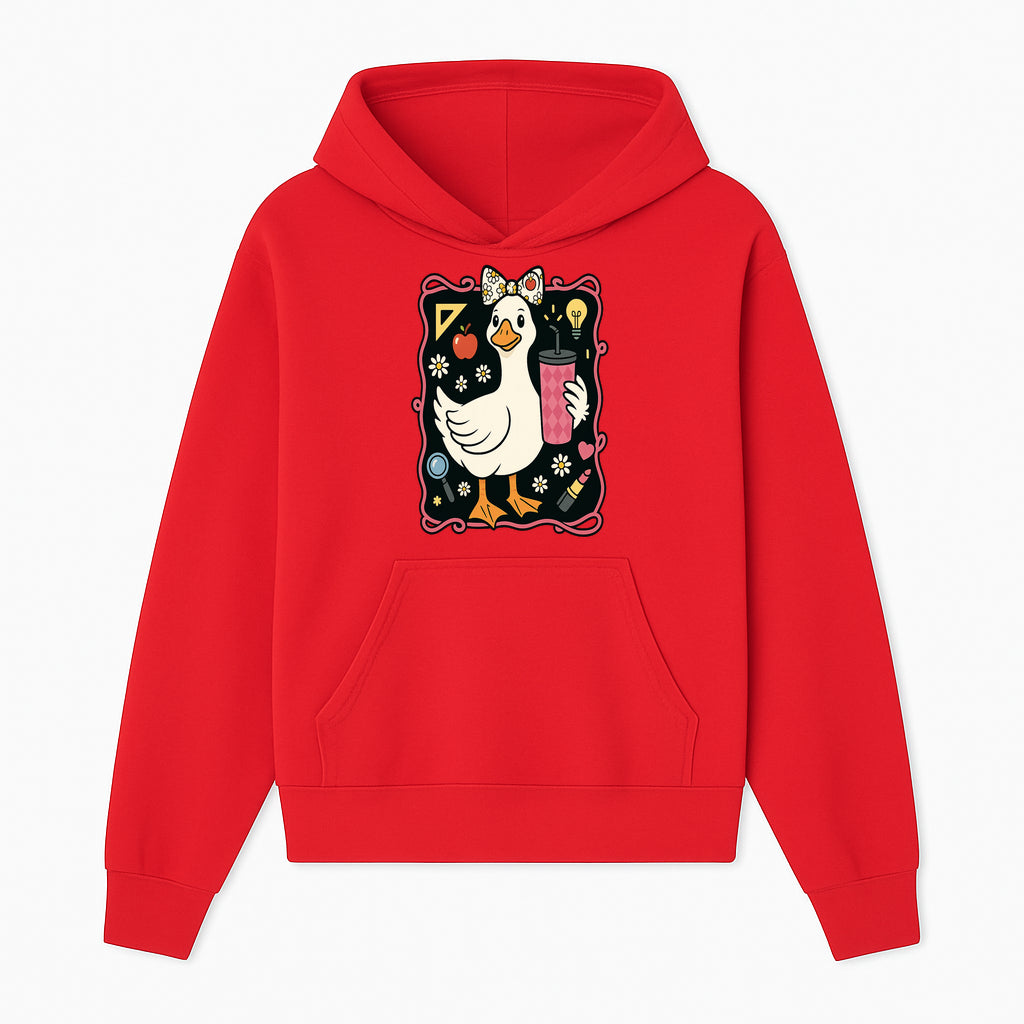 Cute Duck with Bow and Drink - Whimsical Animal Art Print, Fun Retro Style Home Decor, Ideal for Kids' Rooms or Gift Ideas - Hoodie 1758093369086.jpg