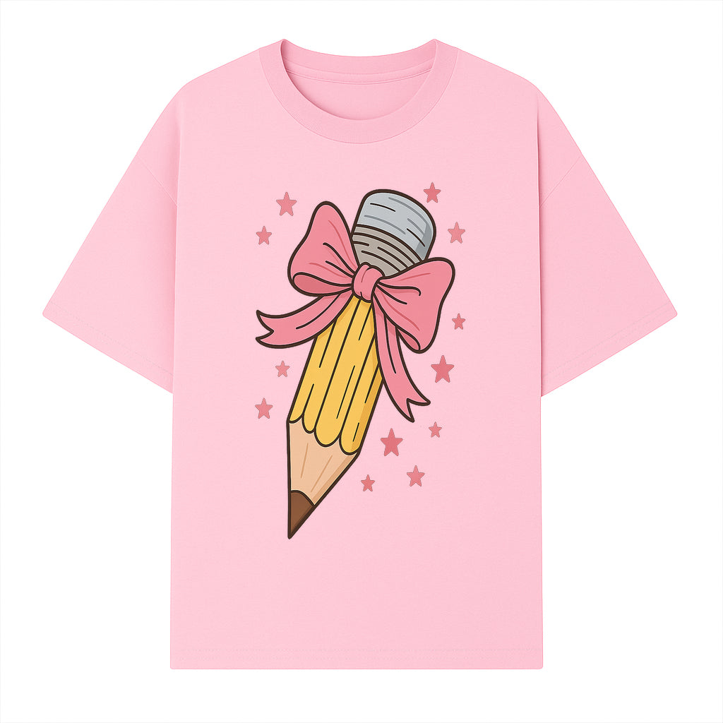Cute Pencil with Pink Bow and Stars - Kawaii Art Print, Stationery Decor, Classroom Wall Art, Gift for Students or Teachers - T-shirt 1758093369086.jpg